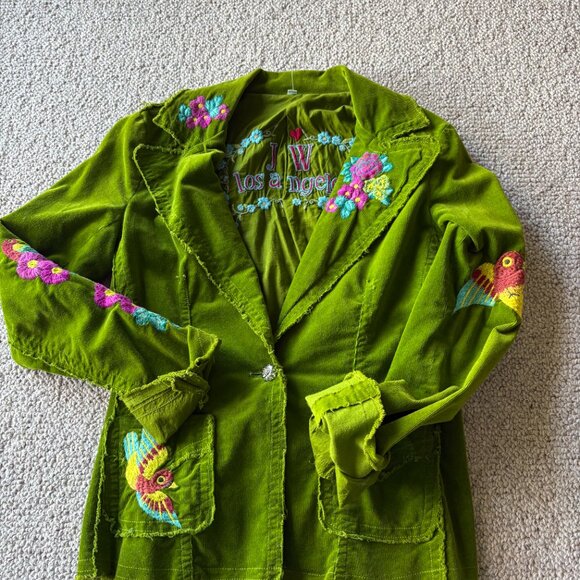 Johnny Was M Green Corduroy Embroidered Jacket Wearable Art Birds Heart - Picture 2 of 15